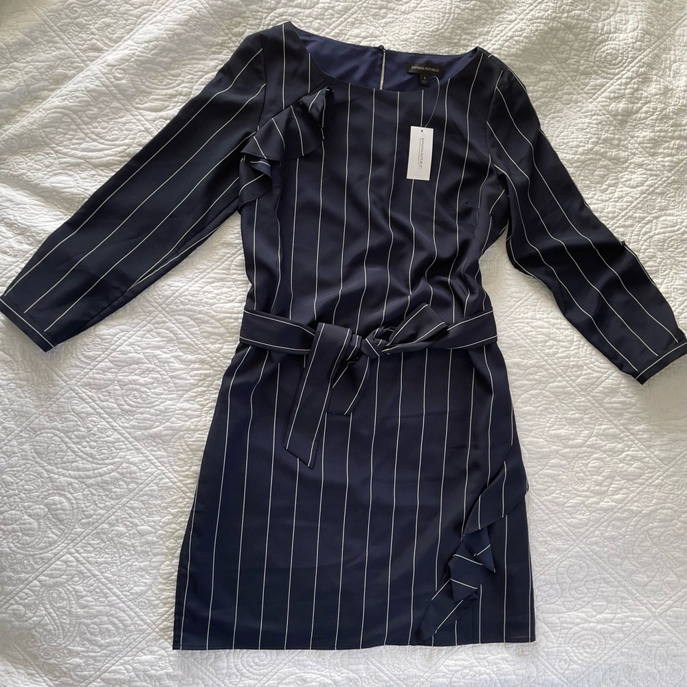 Banana Republic Navy Pinstripe Ruffled Dress - Size Small - NWT
